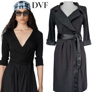 DVF Black Wool Blend Black Wrap Dress KNEE LENGTH XS